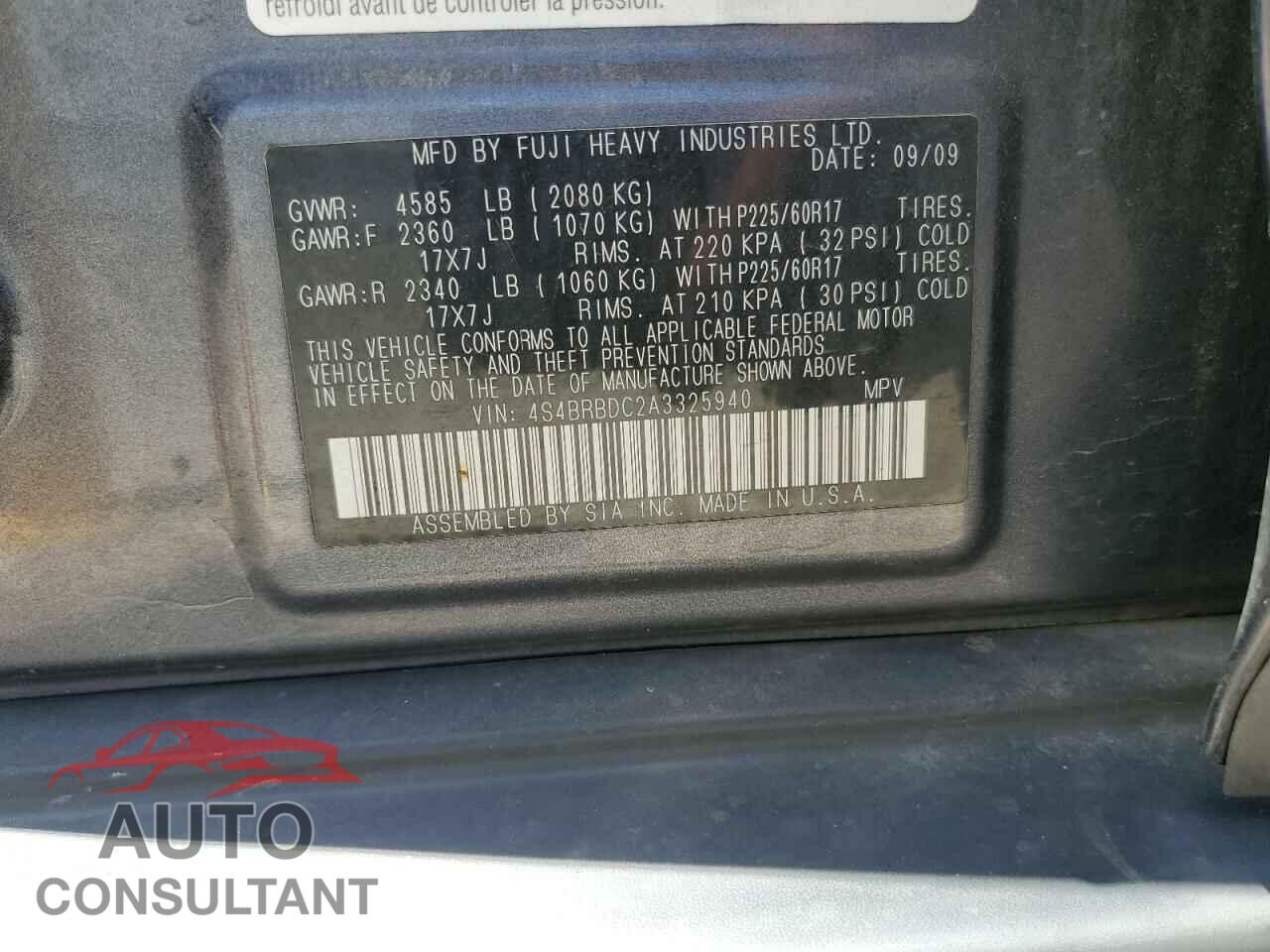 SUBARU OUTBACK 2010 - 4S4BRBDC2A3325940
