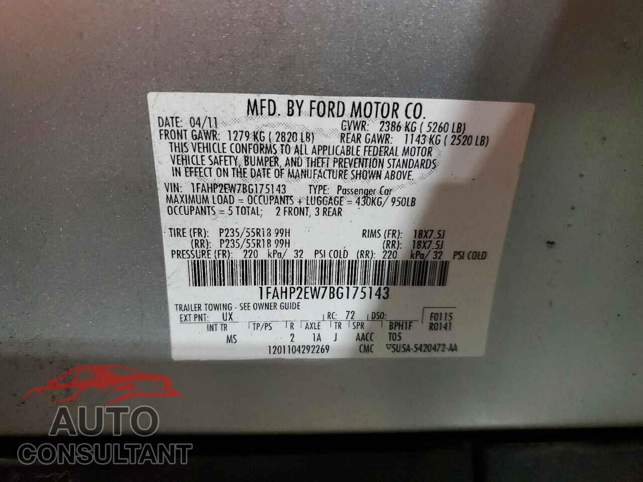 FORD TAURUS 2011 - 1FAHP2EW7BG175143