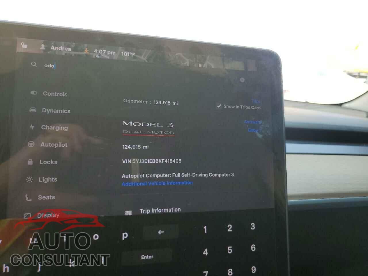 TESLA MODEL 3 2019 - 5YJ3E1EB6KF418405
