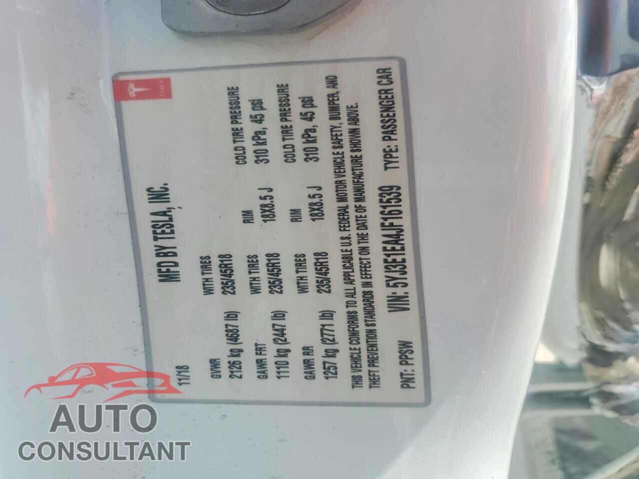 TESLA MODEL 3 2018 - 5YJ3E1EA4JF161539