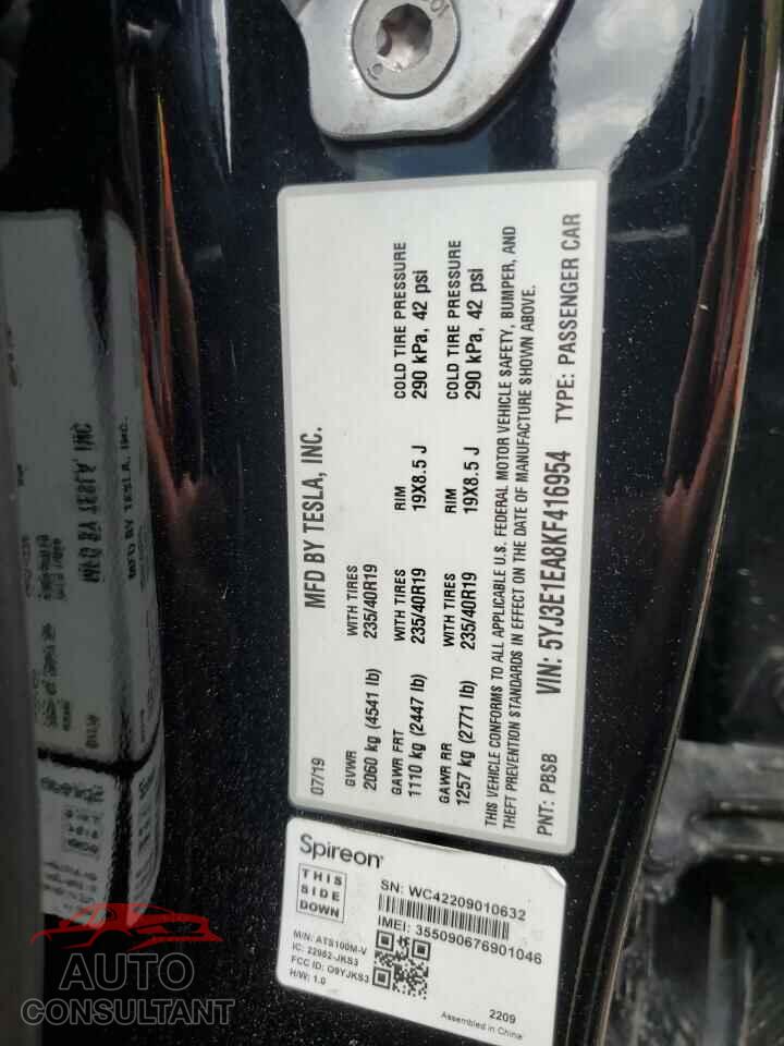 TESLA MODEL 3 2019 - 5YJ3E1EA8KF416954