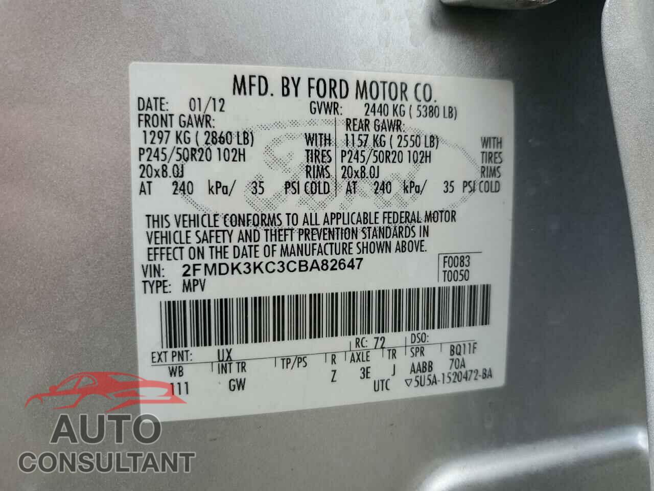 FORD EDGE 2012 - 2FMDK3KC3CBA82647