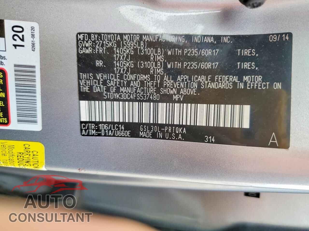 TOYOTA SIENNA 2015 - 5TDYK3DC4FS537480