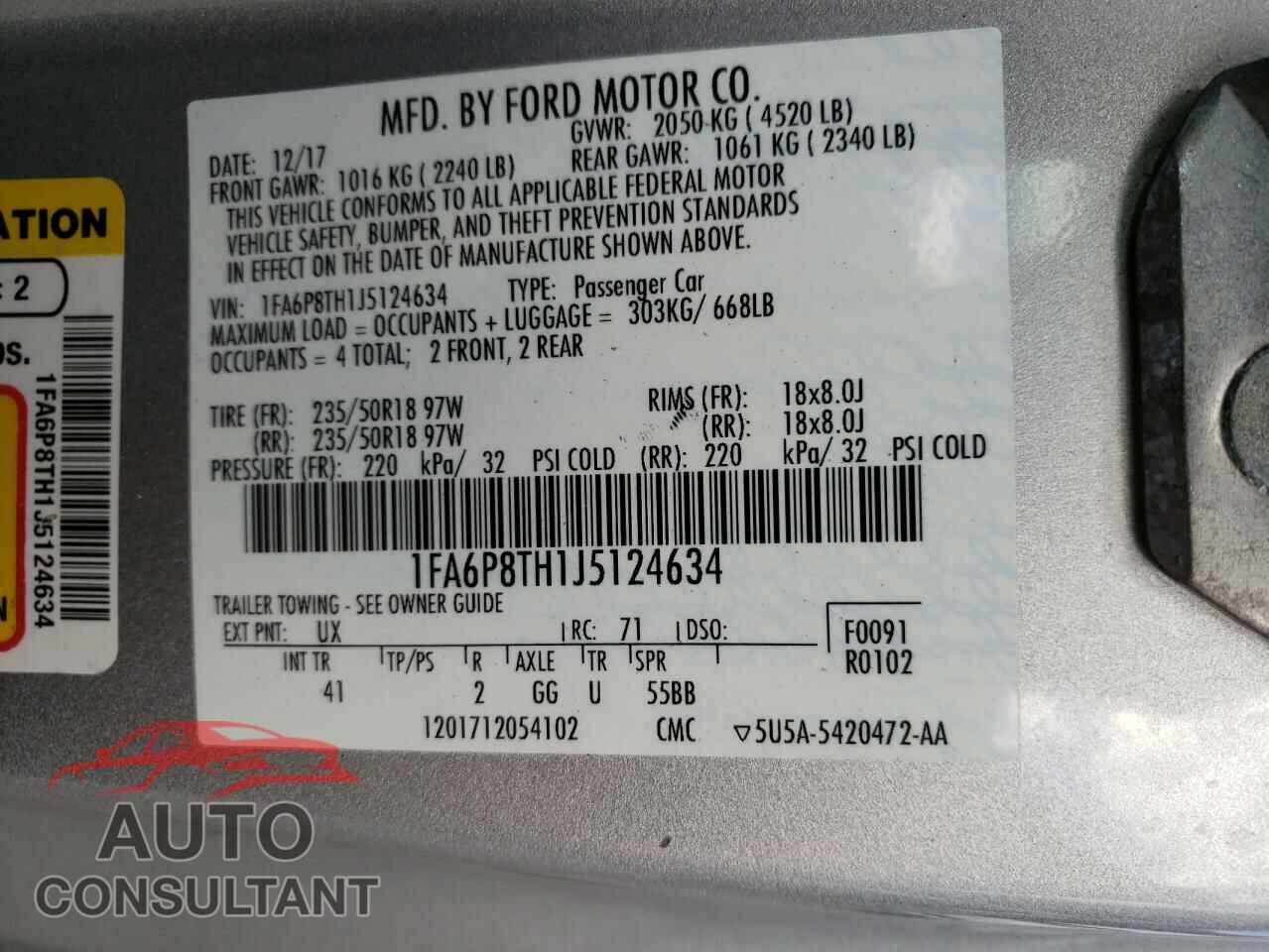 FORD MUSTANG 2018 - 1FA6P8TH1J5124634