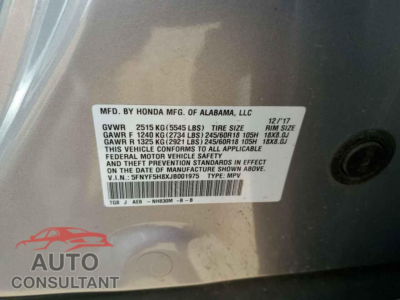 HONDA PILOT 2018 - 5FNYF5H8XJB001975