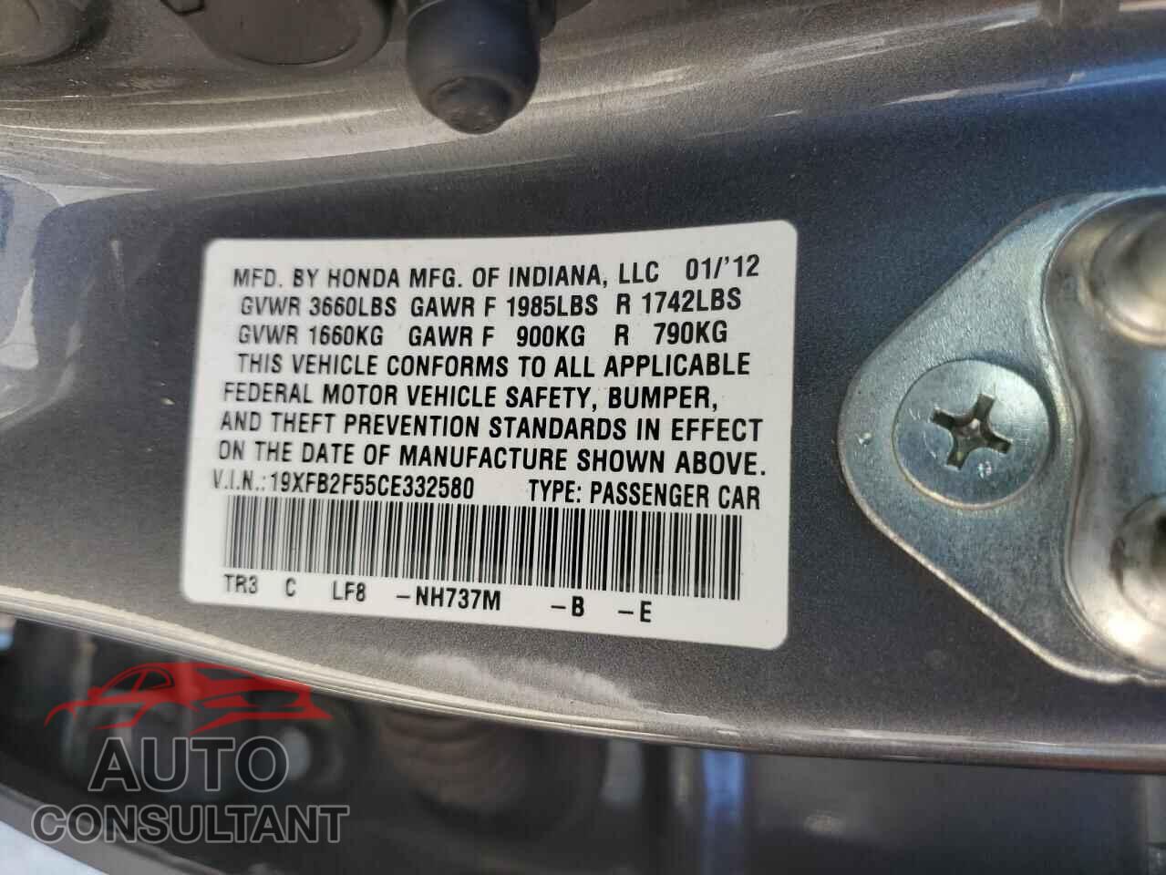 HONDA CIVIC 2012 - 19XFB2F55CE332580