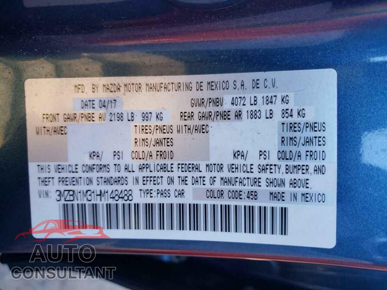MAZDA 3 2017 - 3MZBN1M31HM148488