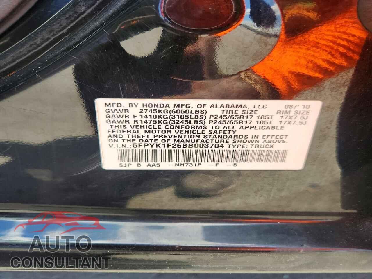 HONDA PILOT 2011 - 5FPYK1F26BB003704