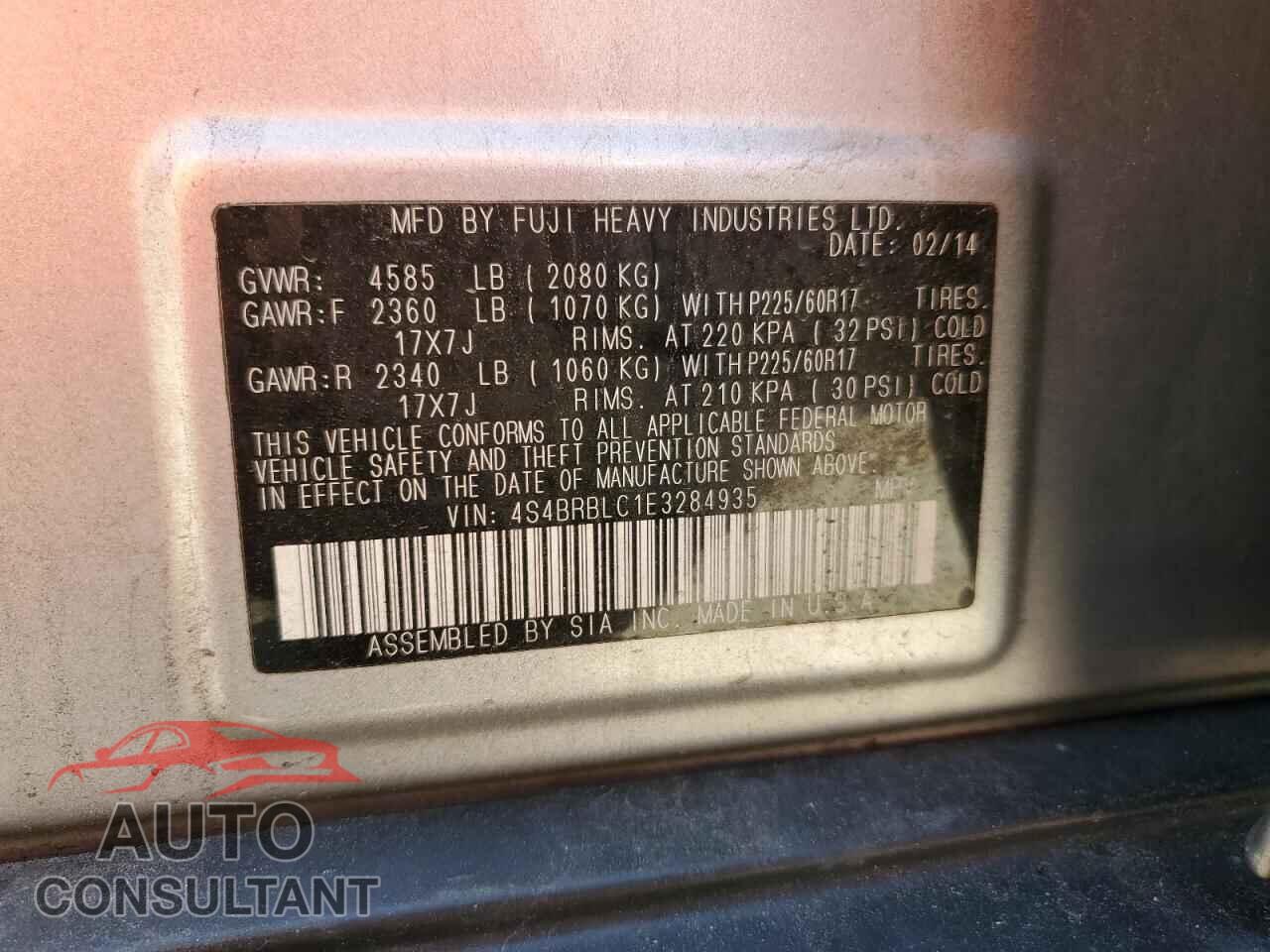 SUBARU OUTBACK 2014 - 4S4BRBLC1E3284935