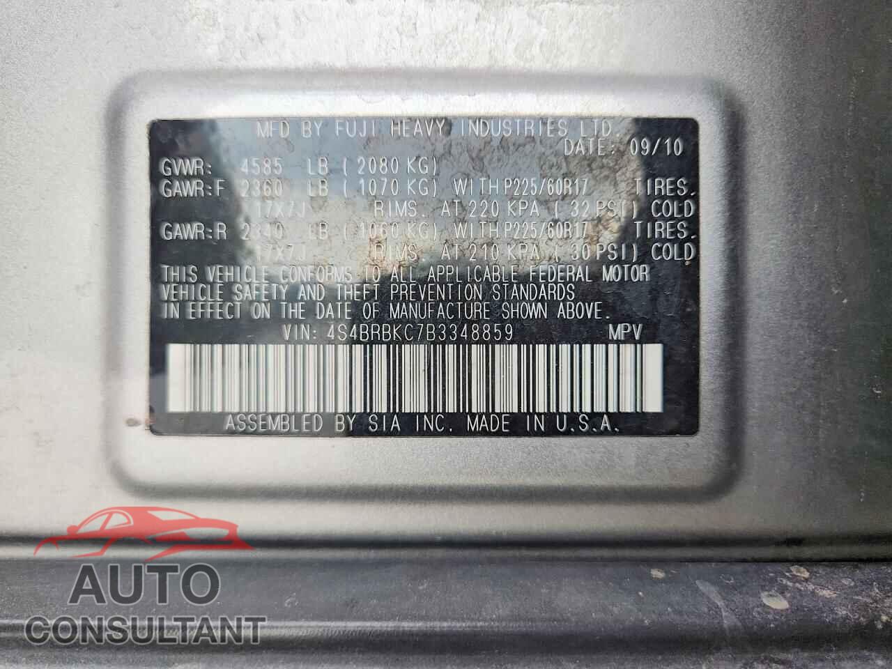 SUBARU OUTBACK 2011 - 4S4BRBKC7B3348859