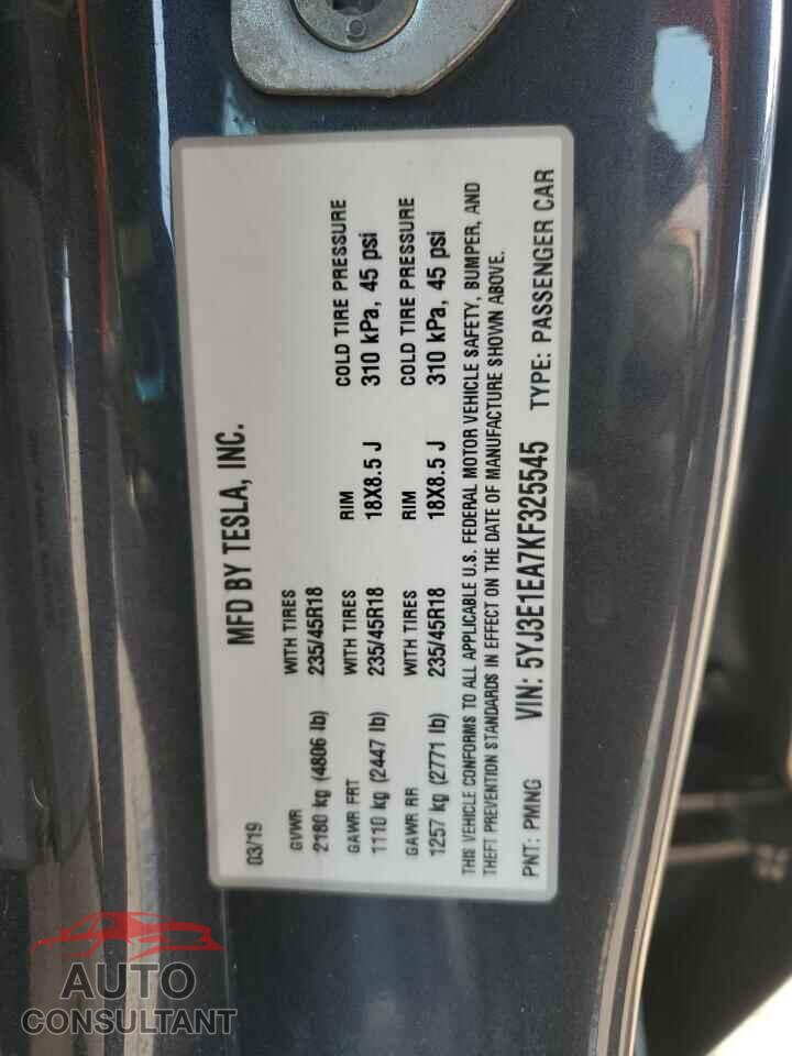 TESLA MODEL 3 2019 - 5YJ3E1EA7KF325545
