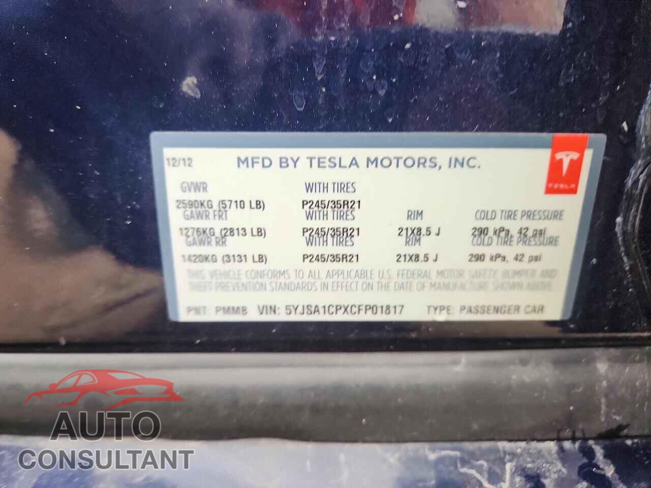 TESLA MODEL S 2012 - 5YJSA1CPXCFP01817