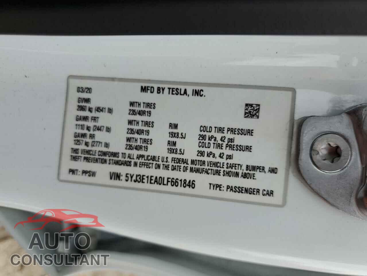 TESLA MODEL 3 2020 - 5YJ3E1EA0LF661846