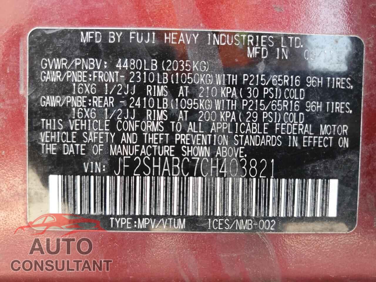 SUBARU FORESTER 2012 - JF2SHABC7CH403821