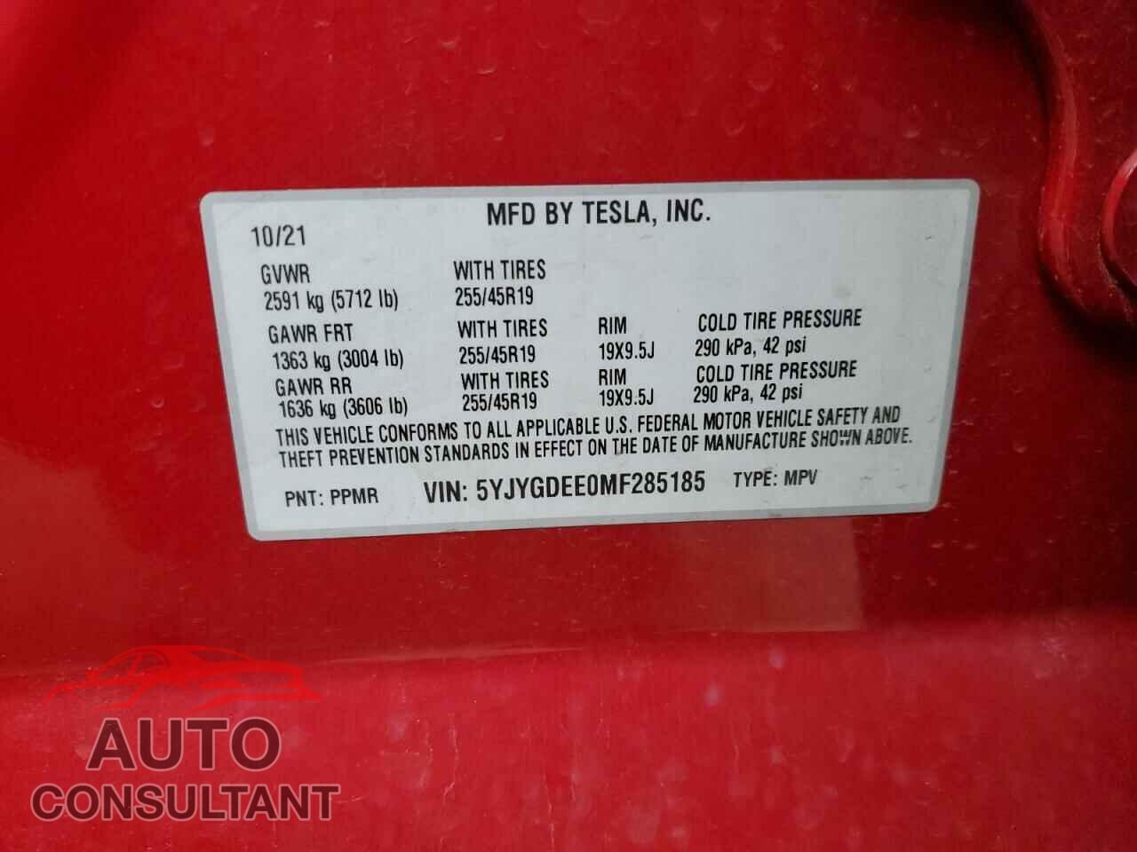 TESLA MODEL Y 2021 - 5YJYGDEE0MF285185