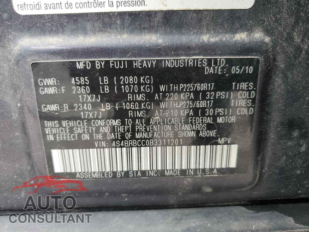 SUBARU OUTBACK 2011 - 4S4BRBCC0B3311201