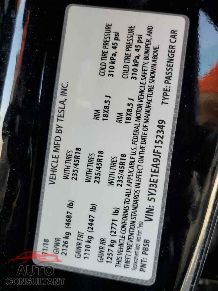 TESLA MODEL 3 2018 - 5YJ3E1EA9JF152349
