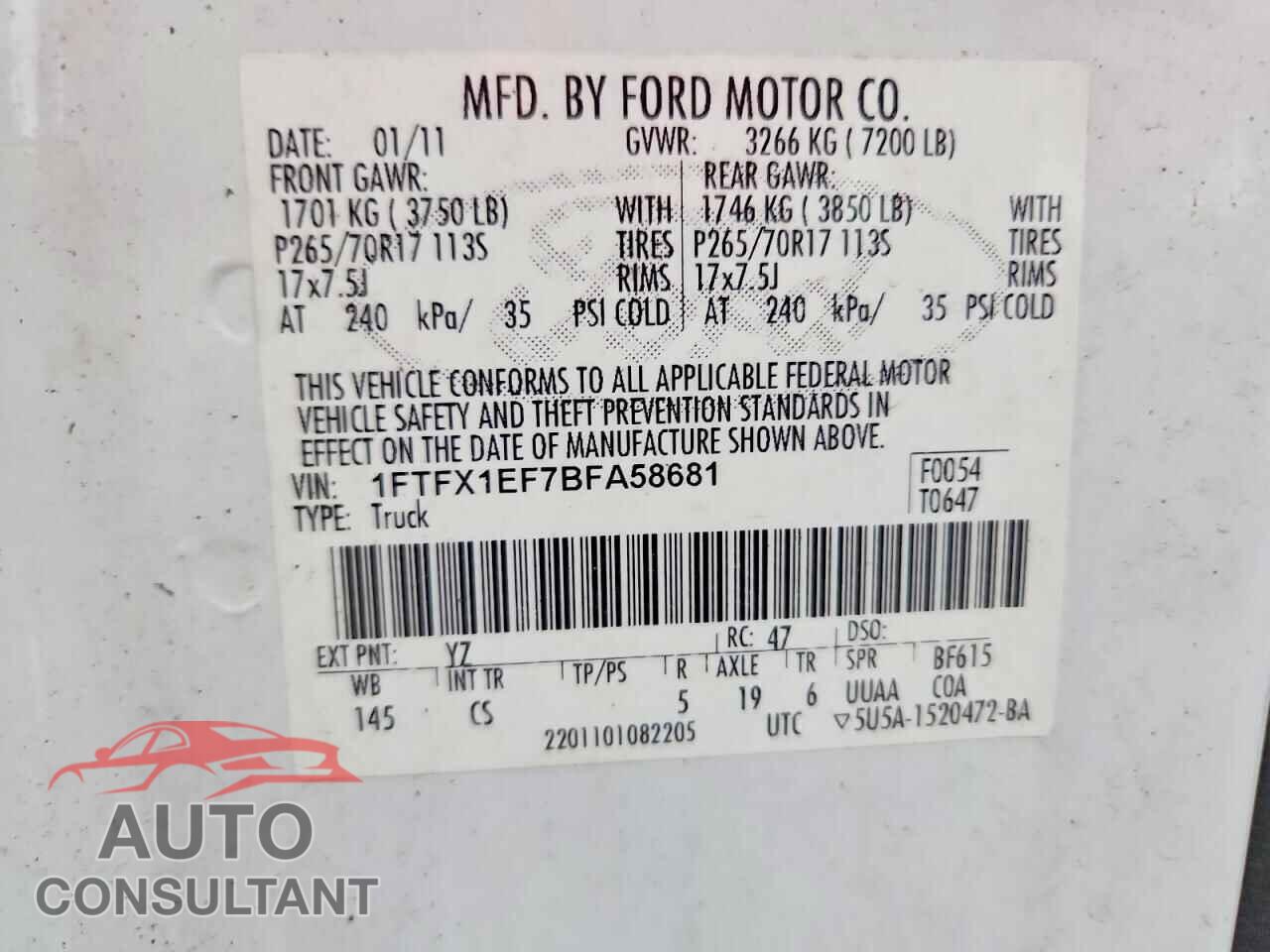 FORD F150 2011 - 1FTFX1EF7BFA58681