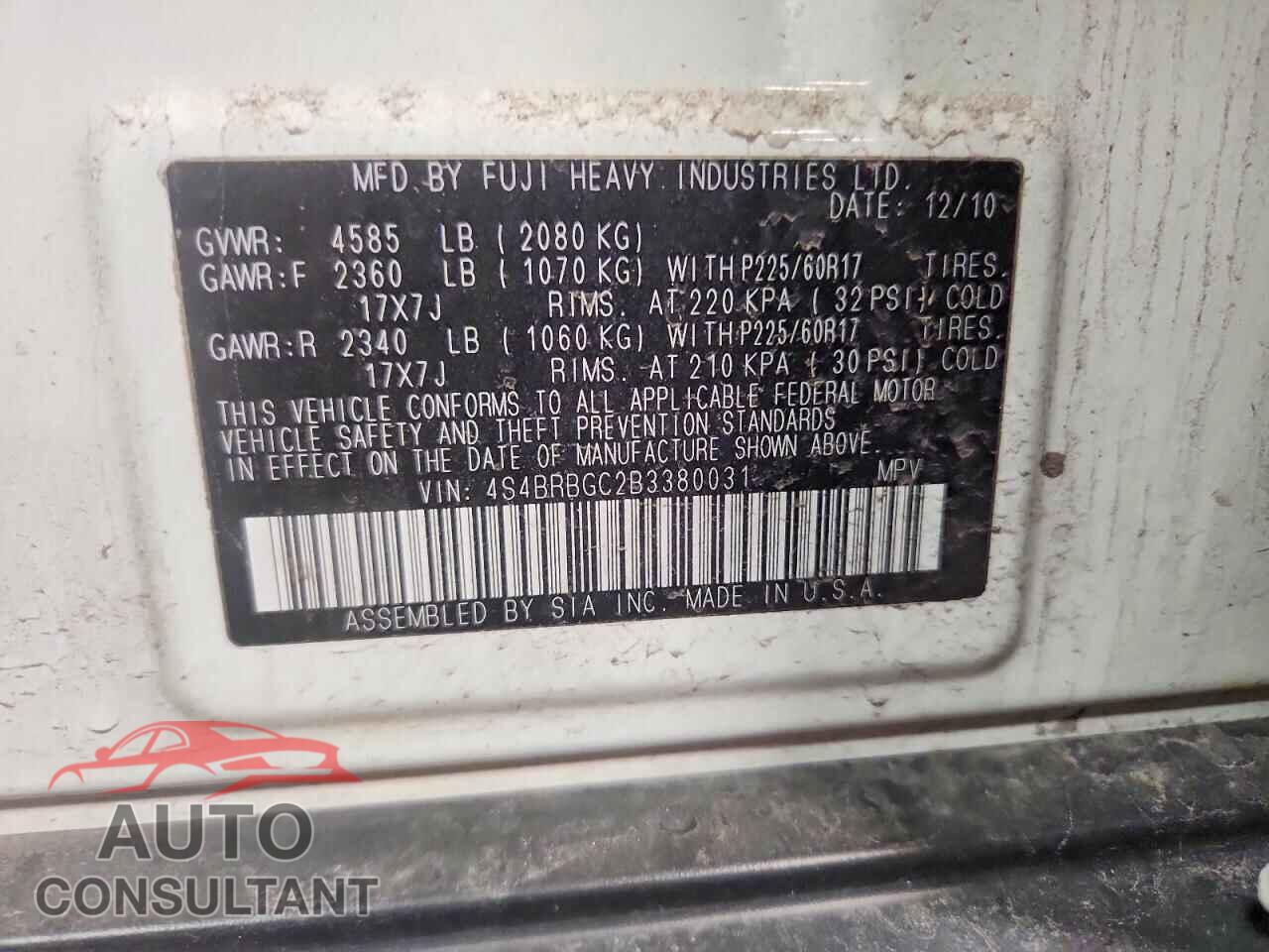 SUBARU OUTBACK 2011 - 4S4BRBGC2B3380031
