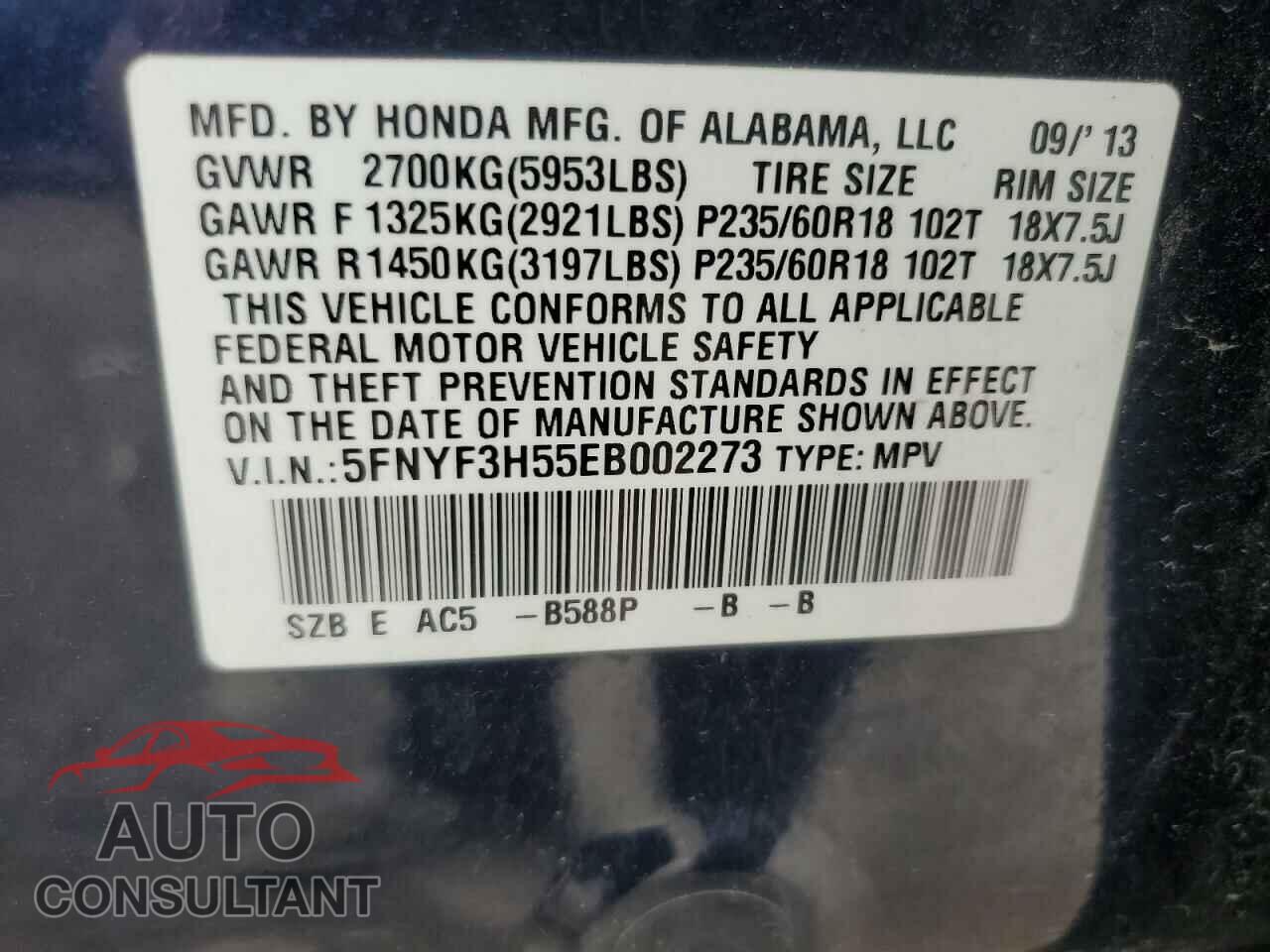 HONDA PILOT 2014 - 5FNYF3H55EB002273
