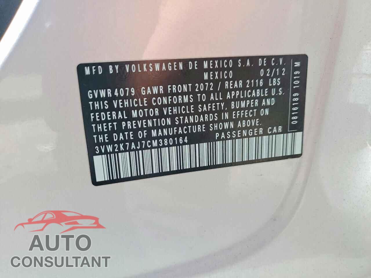 VOLKSWAGEN JETTA 2012 - 3VW2K7AJ7CM380164