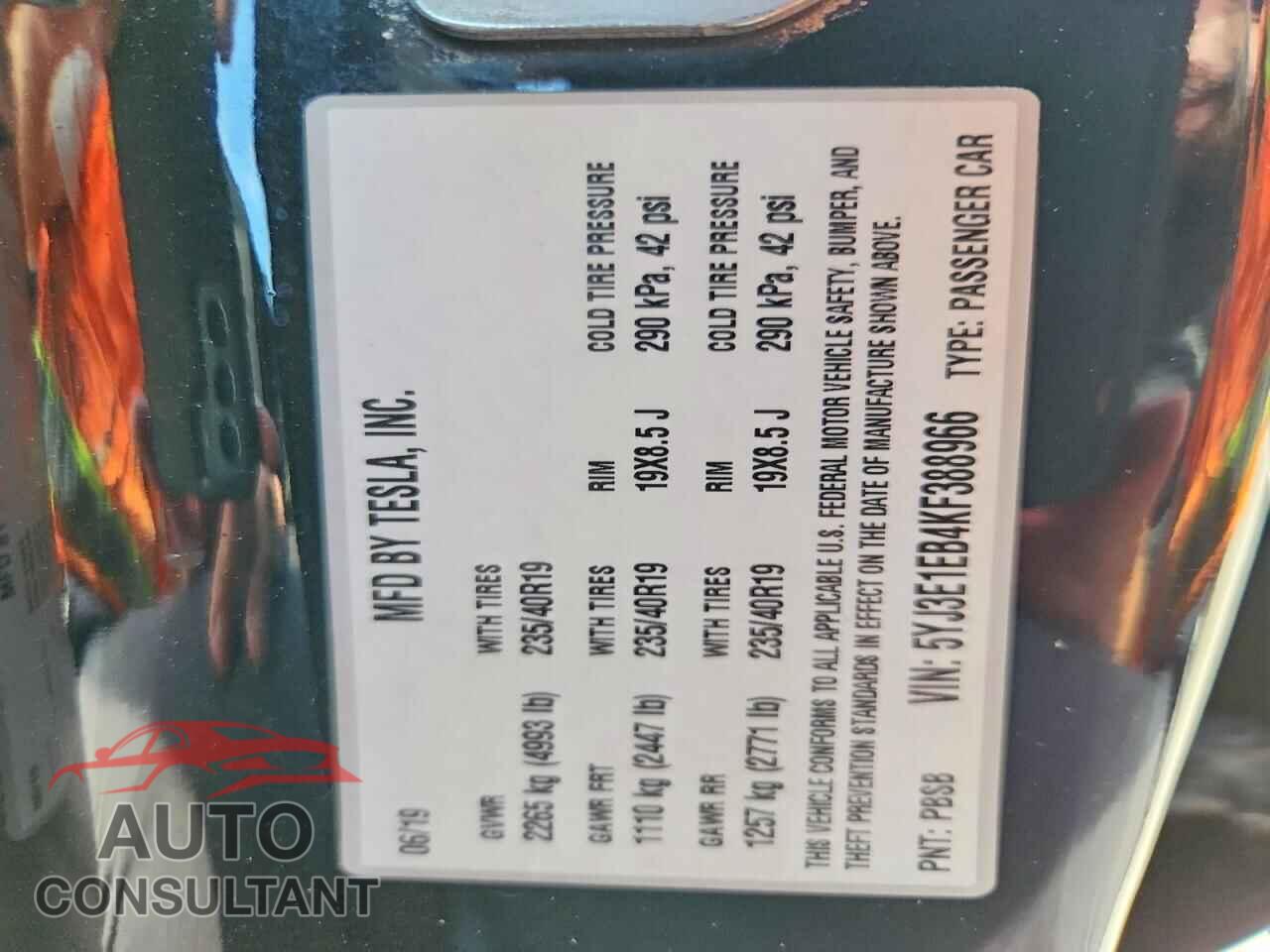 TESLA MODEL 3 2019 - 5YJ3E1EB4KF388966