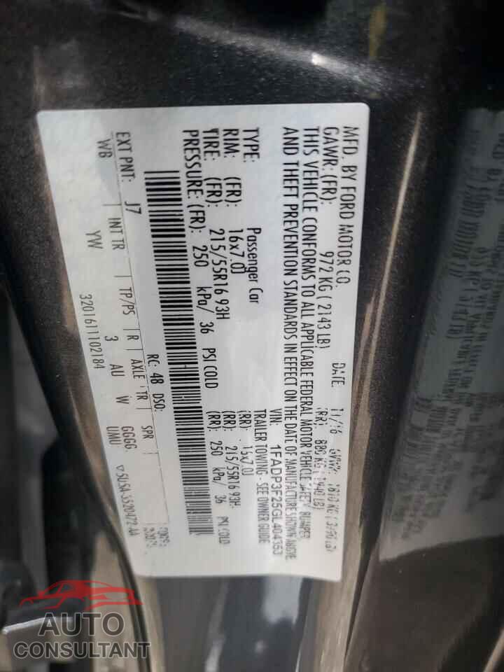 FORD FOCUS 2016 - 1FADP3F25GL404353