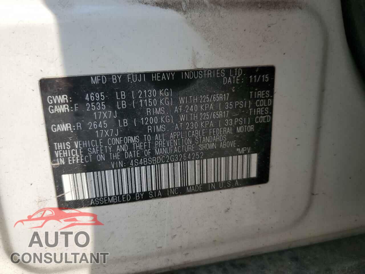 SUBARU OUTBACK 2016 - 4S4BSBDC2G3254252