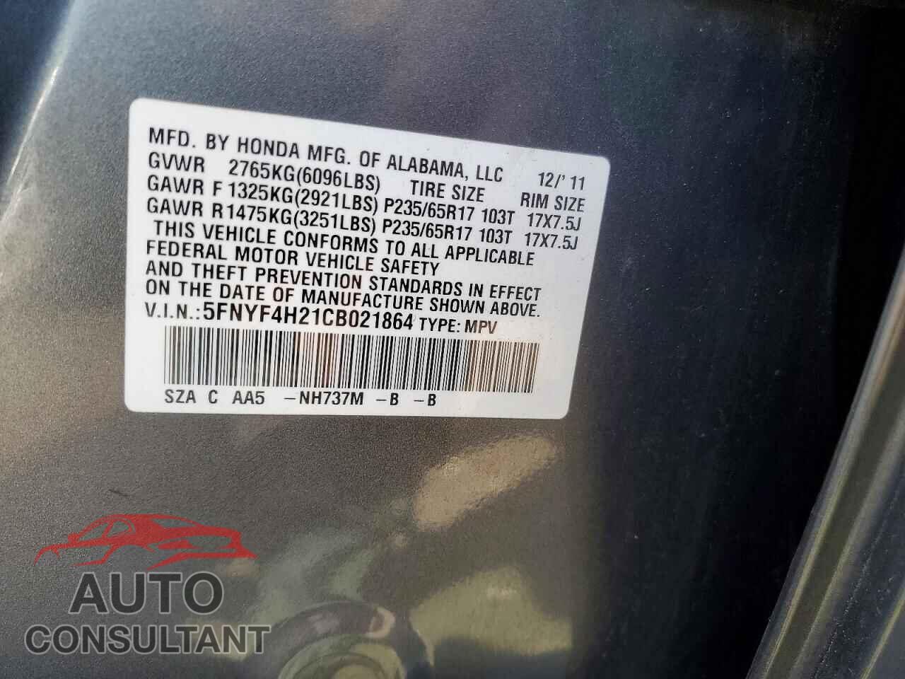 HONDA PILOT 2012 - 5FNYF4H21CB021864