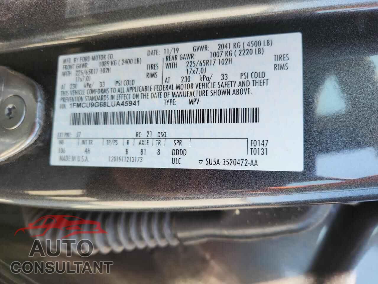 FORD ESCAPE 2020 - 1FMCU9G68LUA45941