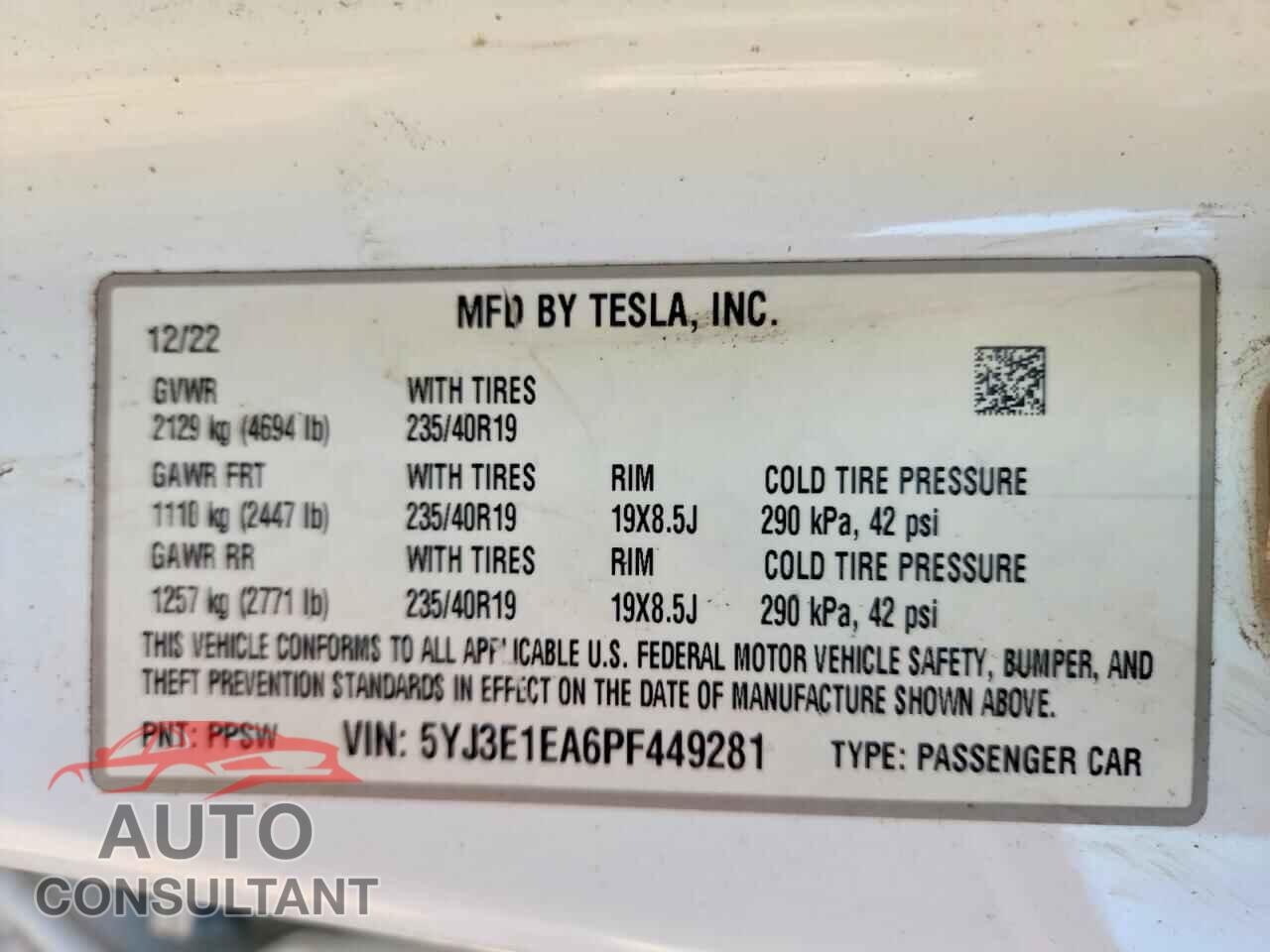 TESLA MODEL 3 2023 - 5YJ3E1EA6PF449281