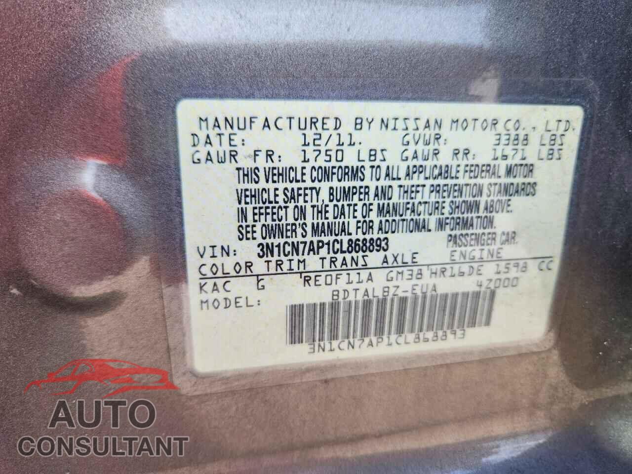 NISSAN VERSA 2012 - 3N1CN7AP1CL868893