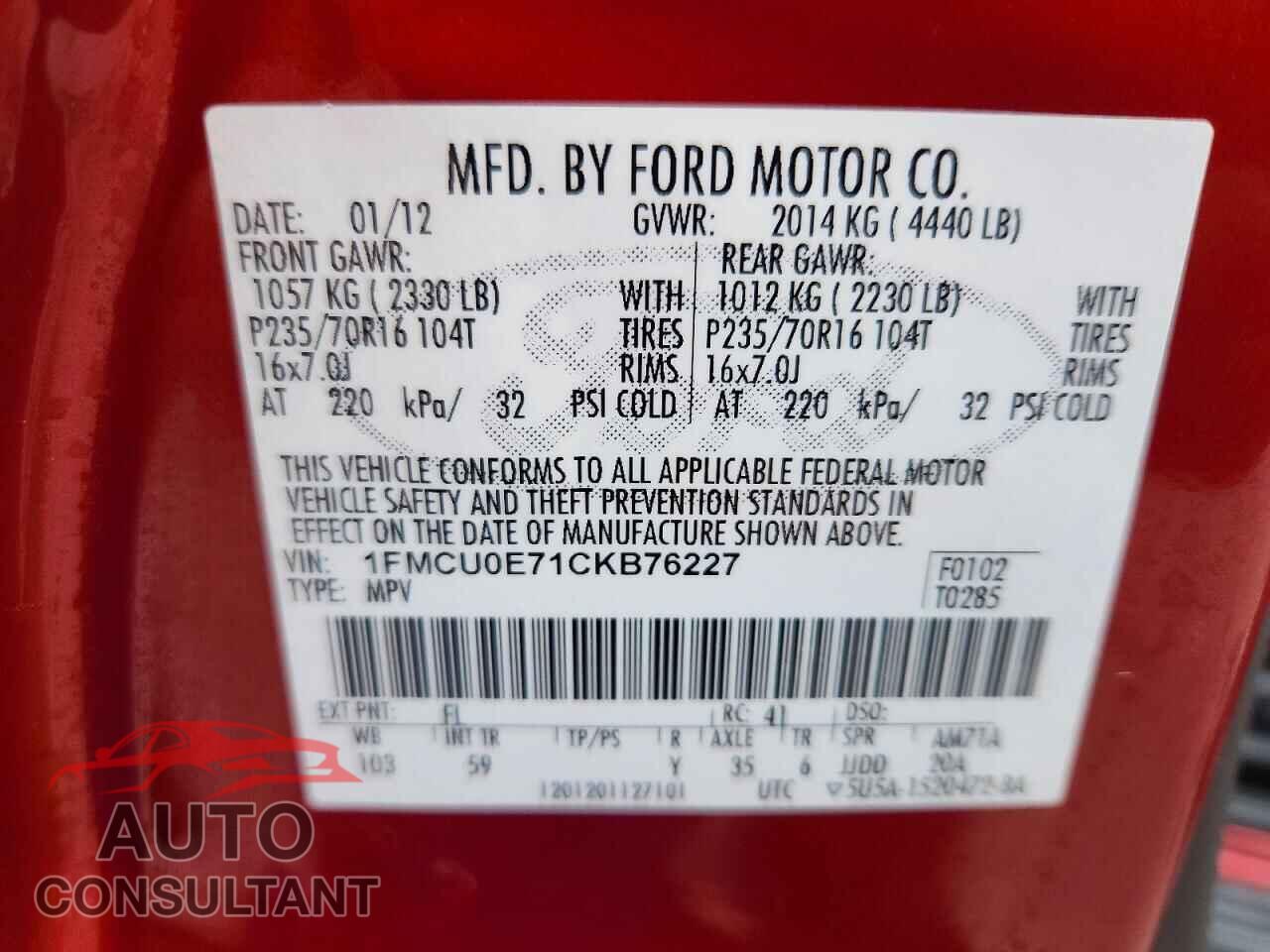 FORD ESCAPE 2012 - 1FMCU0E71CKB76227