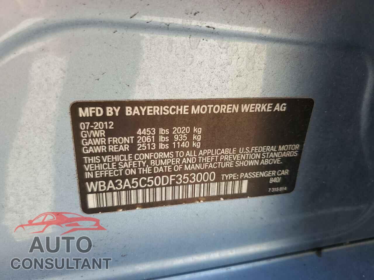 BMW 3 SERIES 2013 - WBA3A5C50DF353000