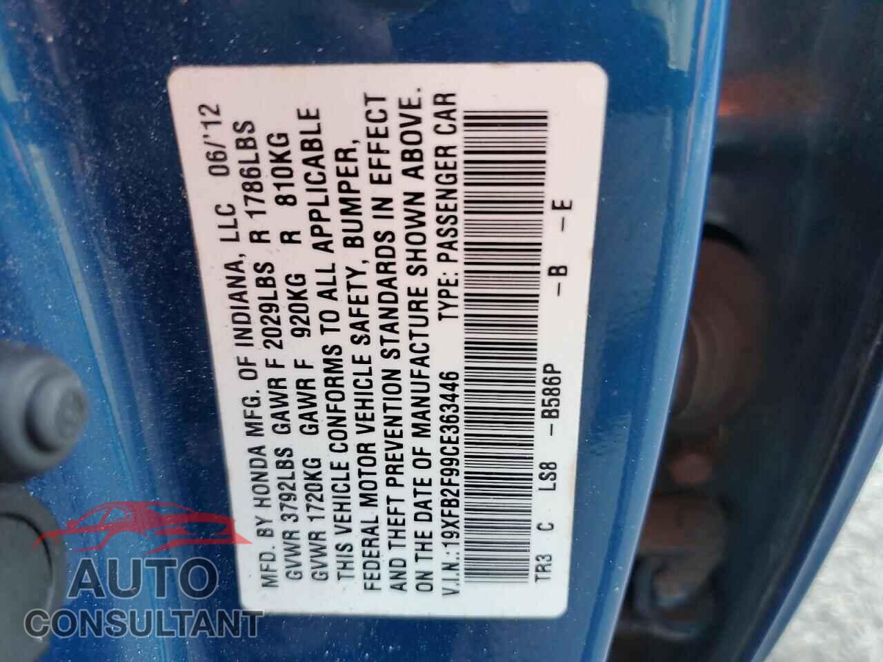 HONDA CIVIC 2012 - 19XFB2F99CE363446