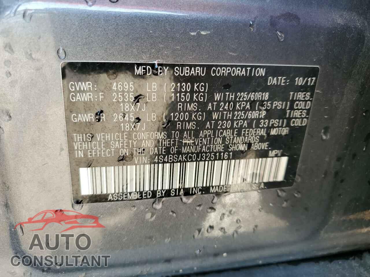 SUBARU OUTBACK 2018 - 4S4BSAKC0J3251161