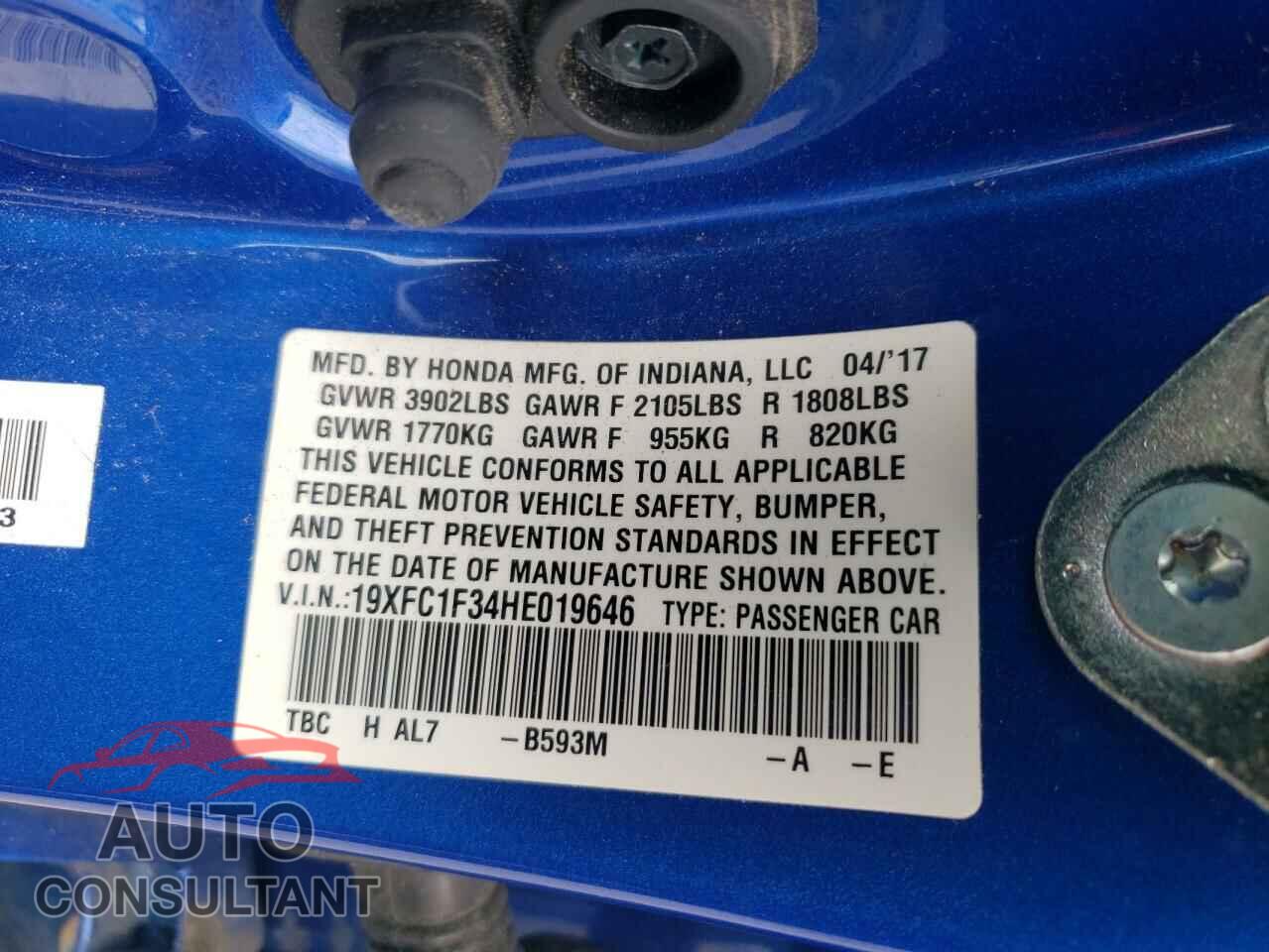 HONDA CIVIC 2017 - 19XFC1F34HE019646