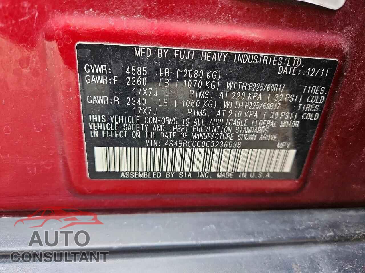 SUBARU OUTBACK 2012 - 4S4BRCCC0C3236698