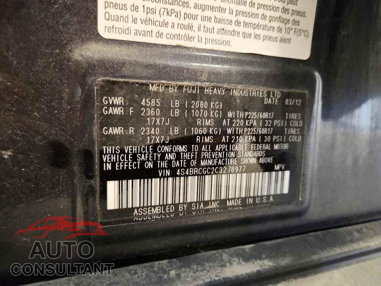 SUBARU OUTBACK 2012 - 4S4BRCGC2C3278977