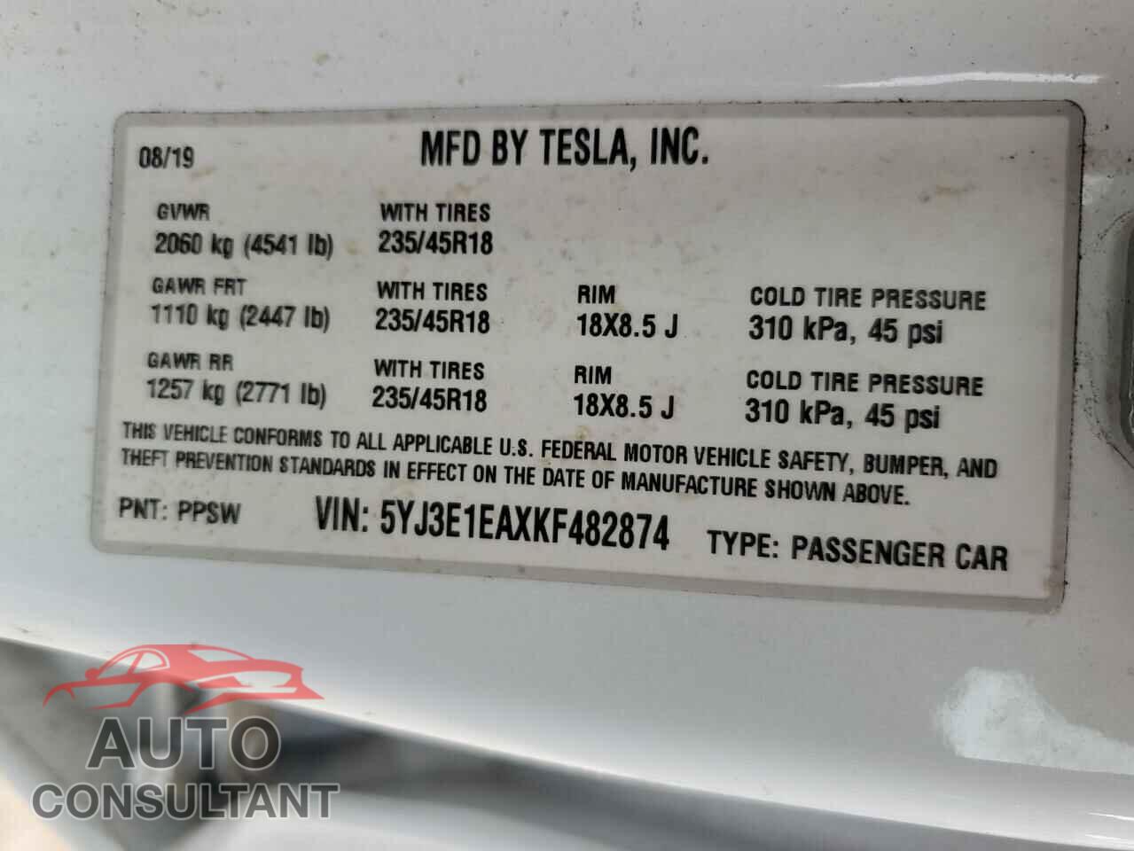 TESLA MODEL 3 2019 - 5YJ3E1EAXKF482874