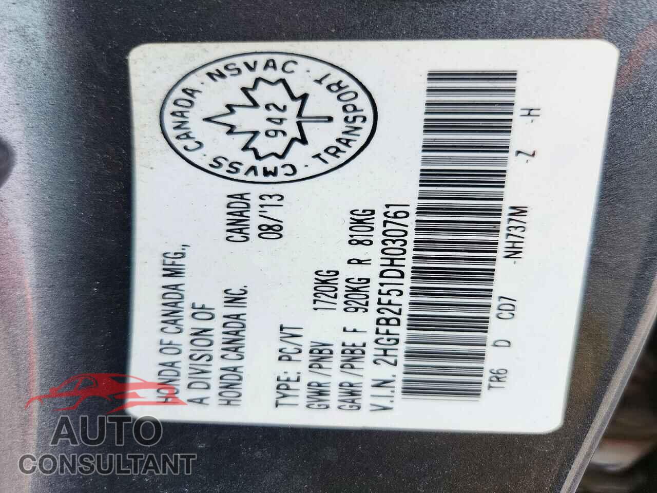 HONDA CIVIC 2013 - 2HGFB2F51DH030761