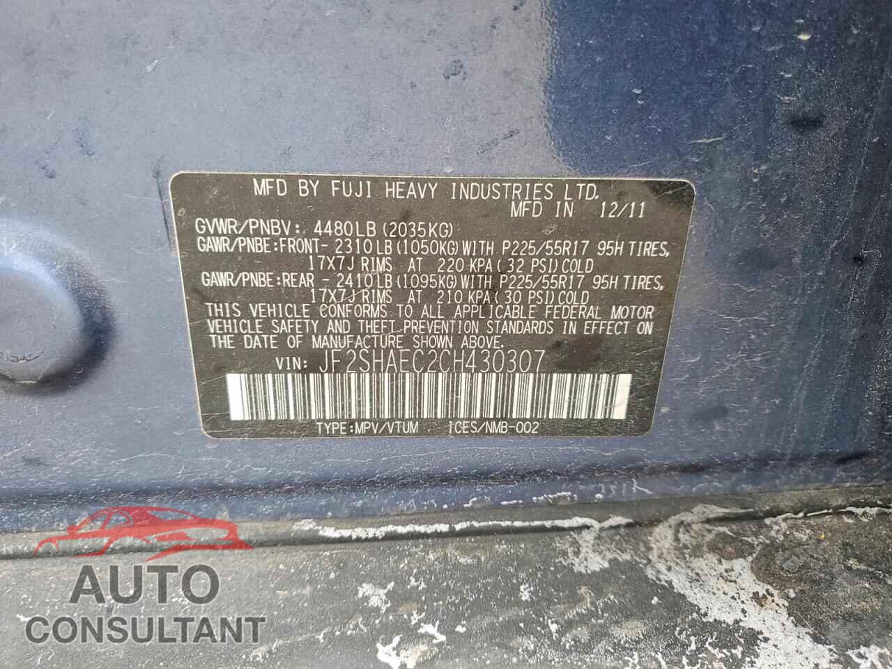 SUBARU FORESTER 2012 - JF2SHAEC2CH430307