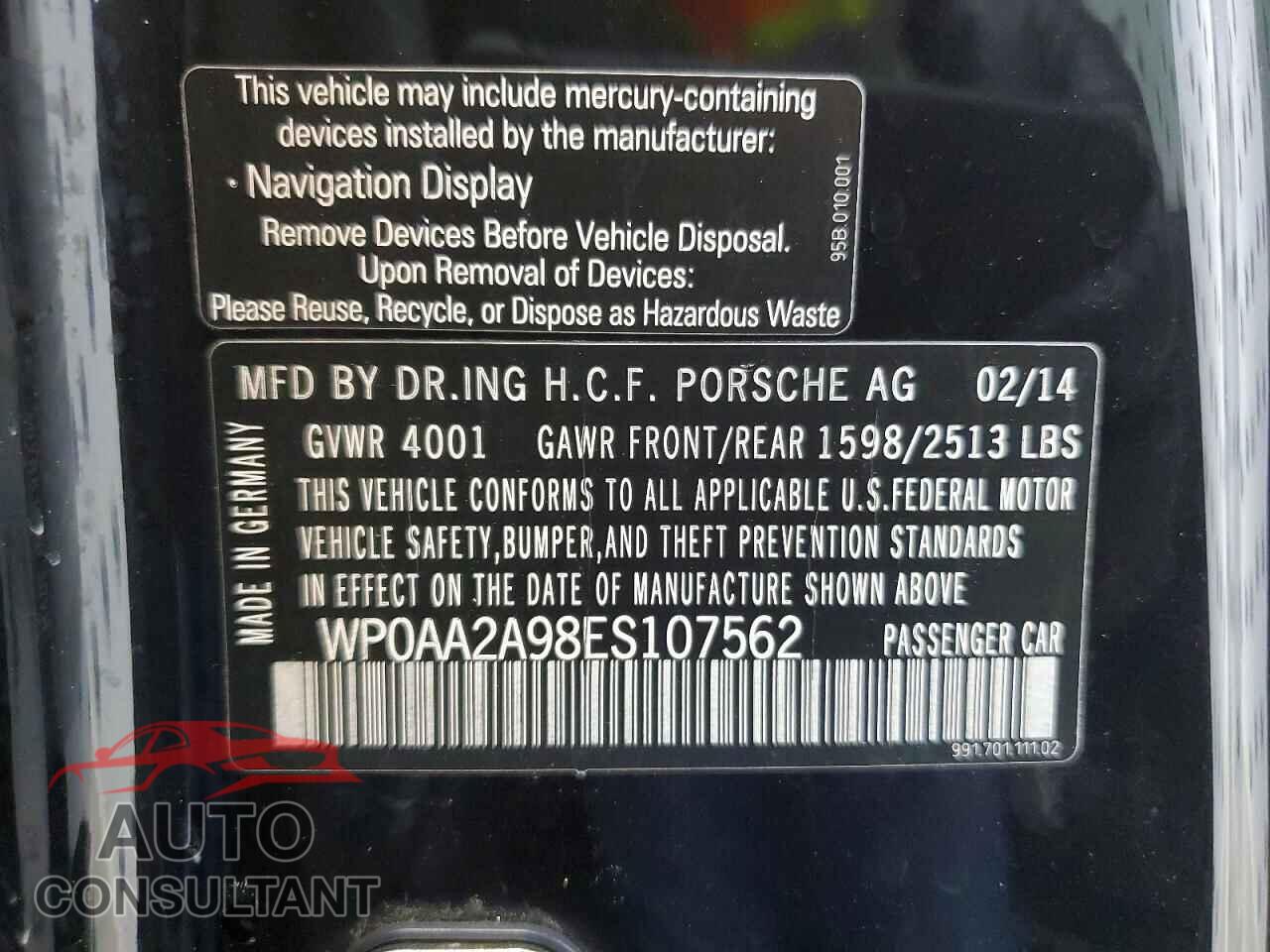 PORSCHE 911 2014 - WP0AA2A98ES107562
