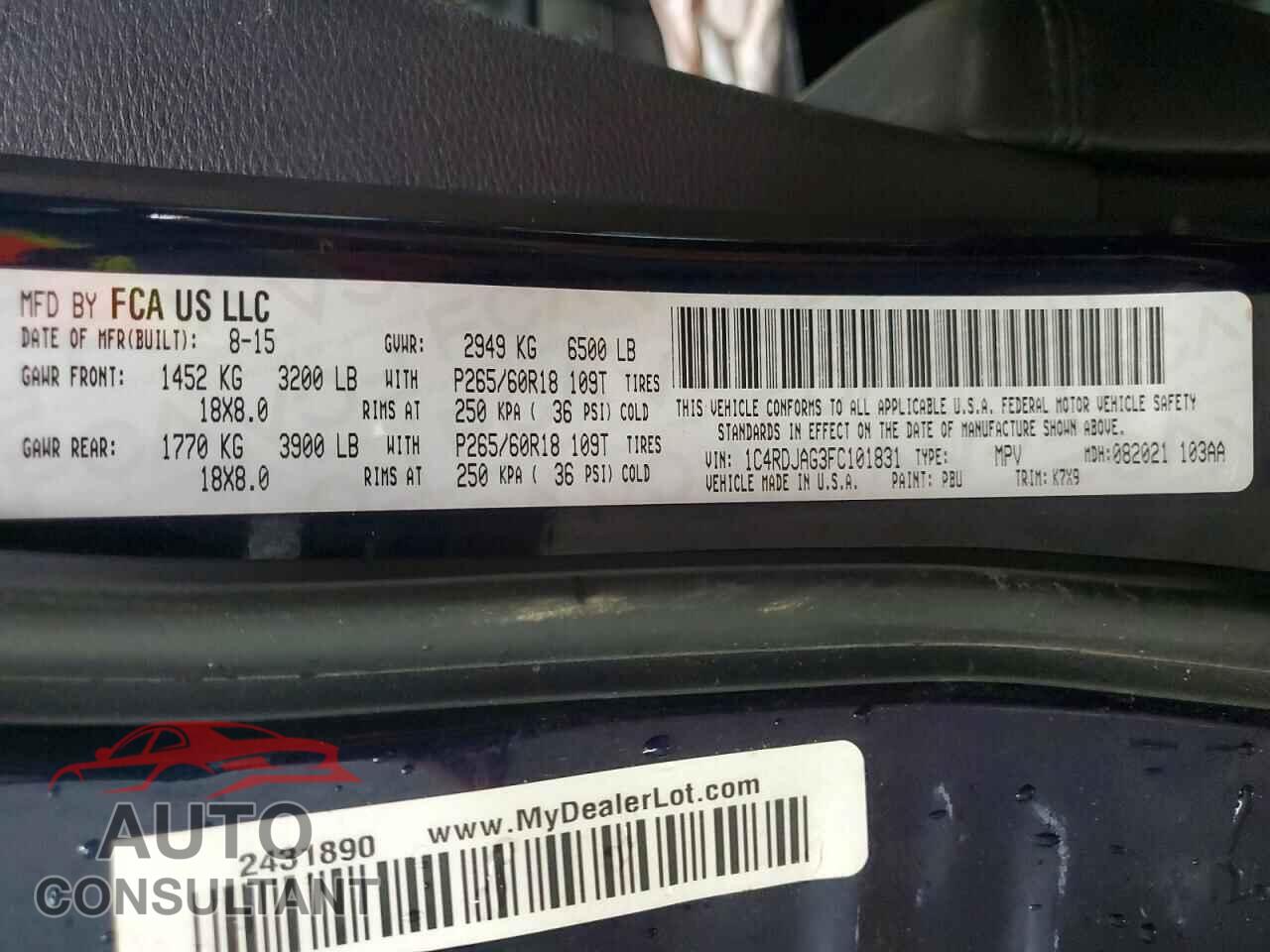 DODGE DURANGO 2015 - 1C4RDJAG3FC101831