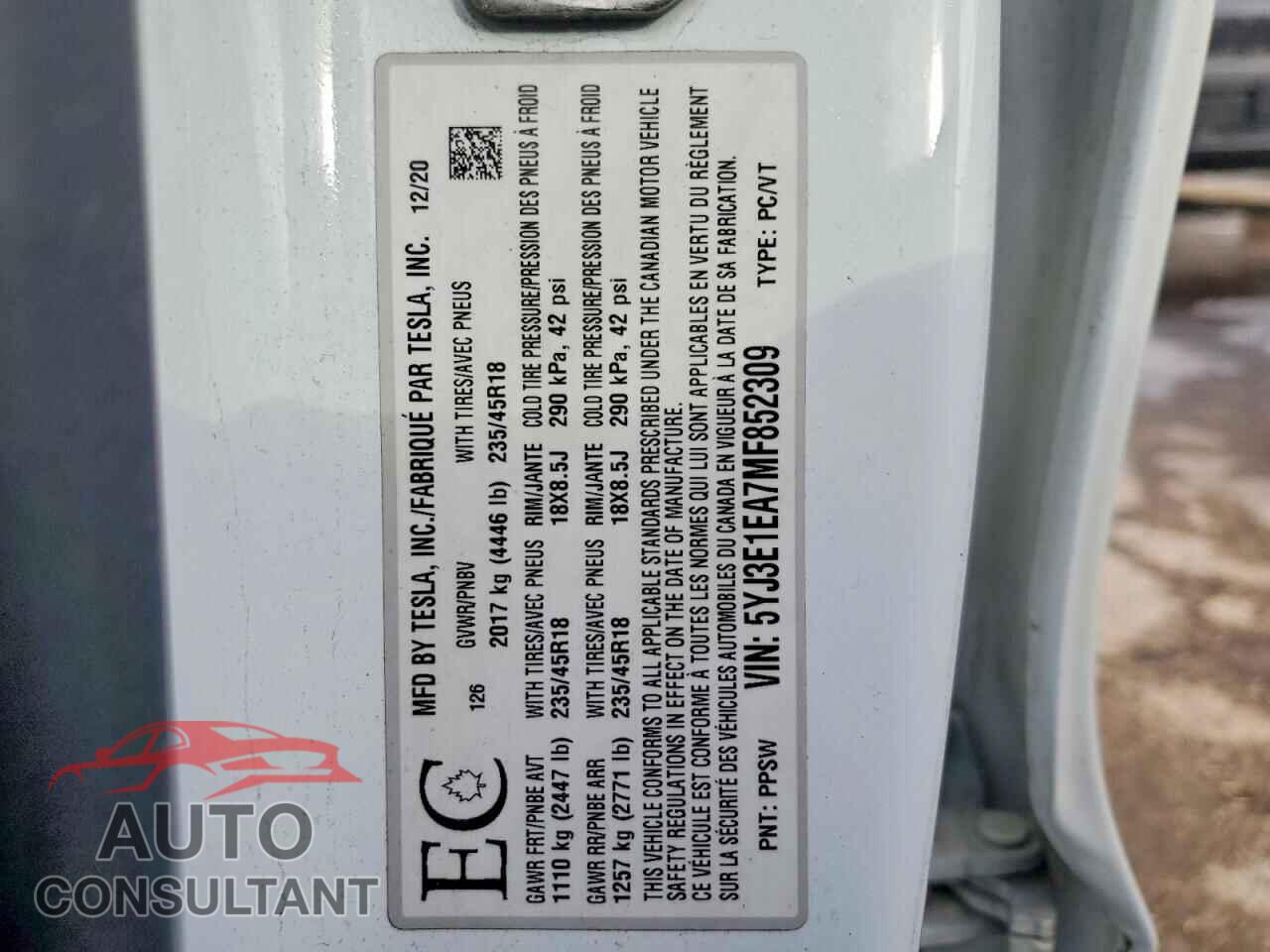 TESLA MODEL 3 2021 - 5YJ3E1EA7MF852309