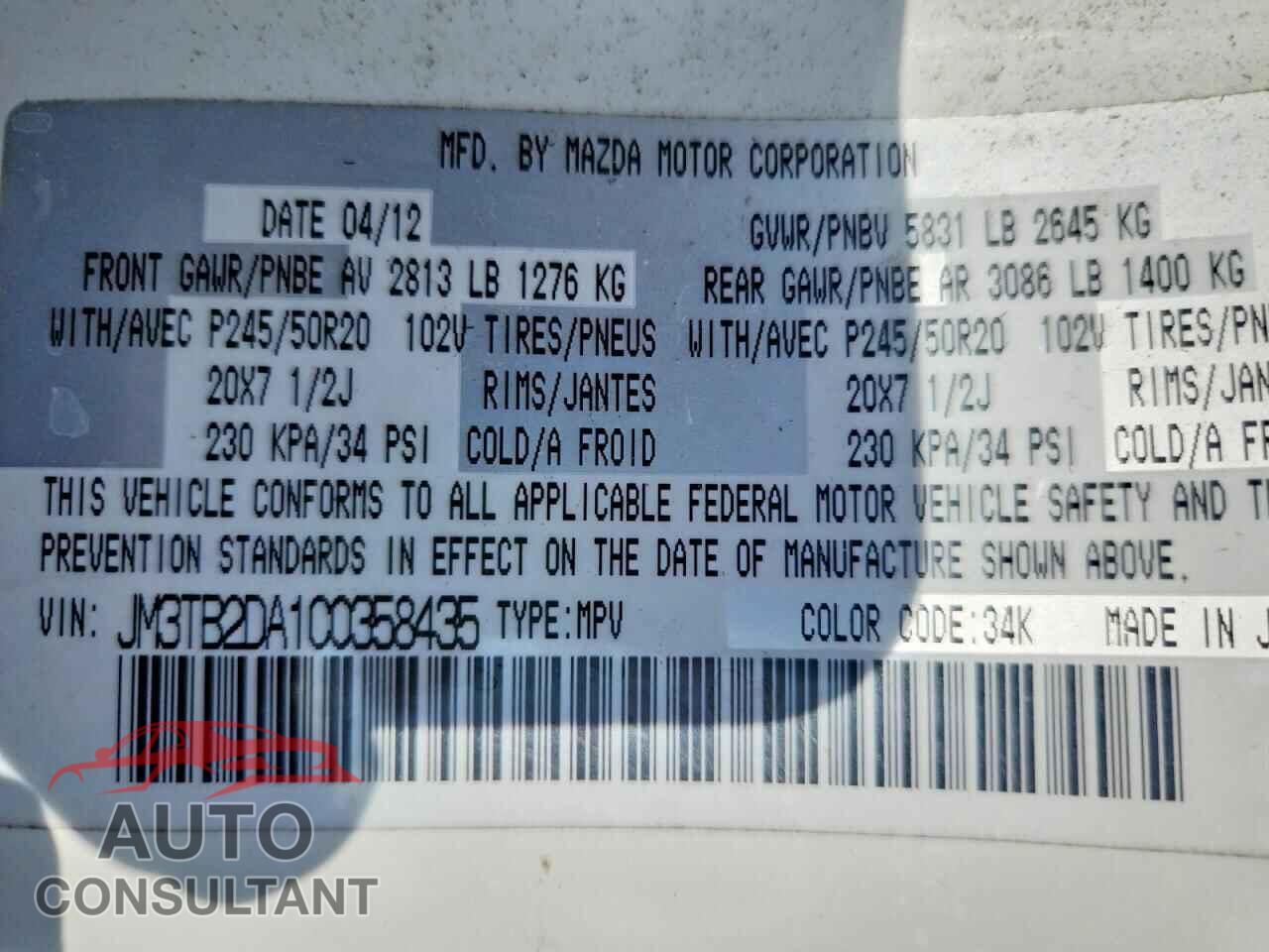 MAZDA CX-9 2012 - JM3TB2DA1C0358435