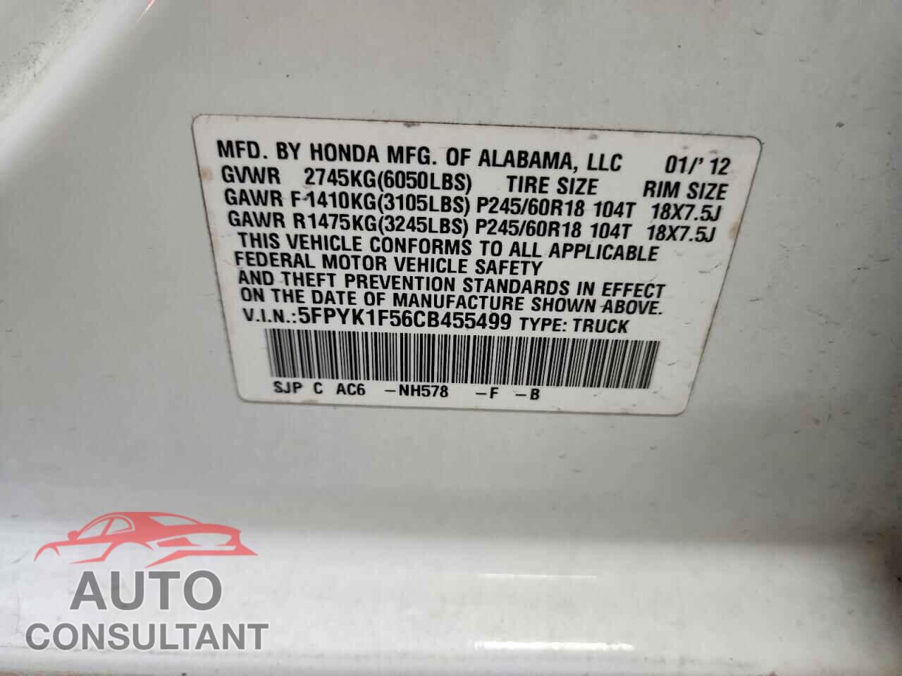 HONDA RIDGELINE 2012 - 5FPYK1F56CB455499