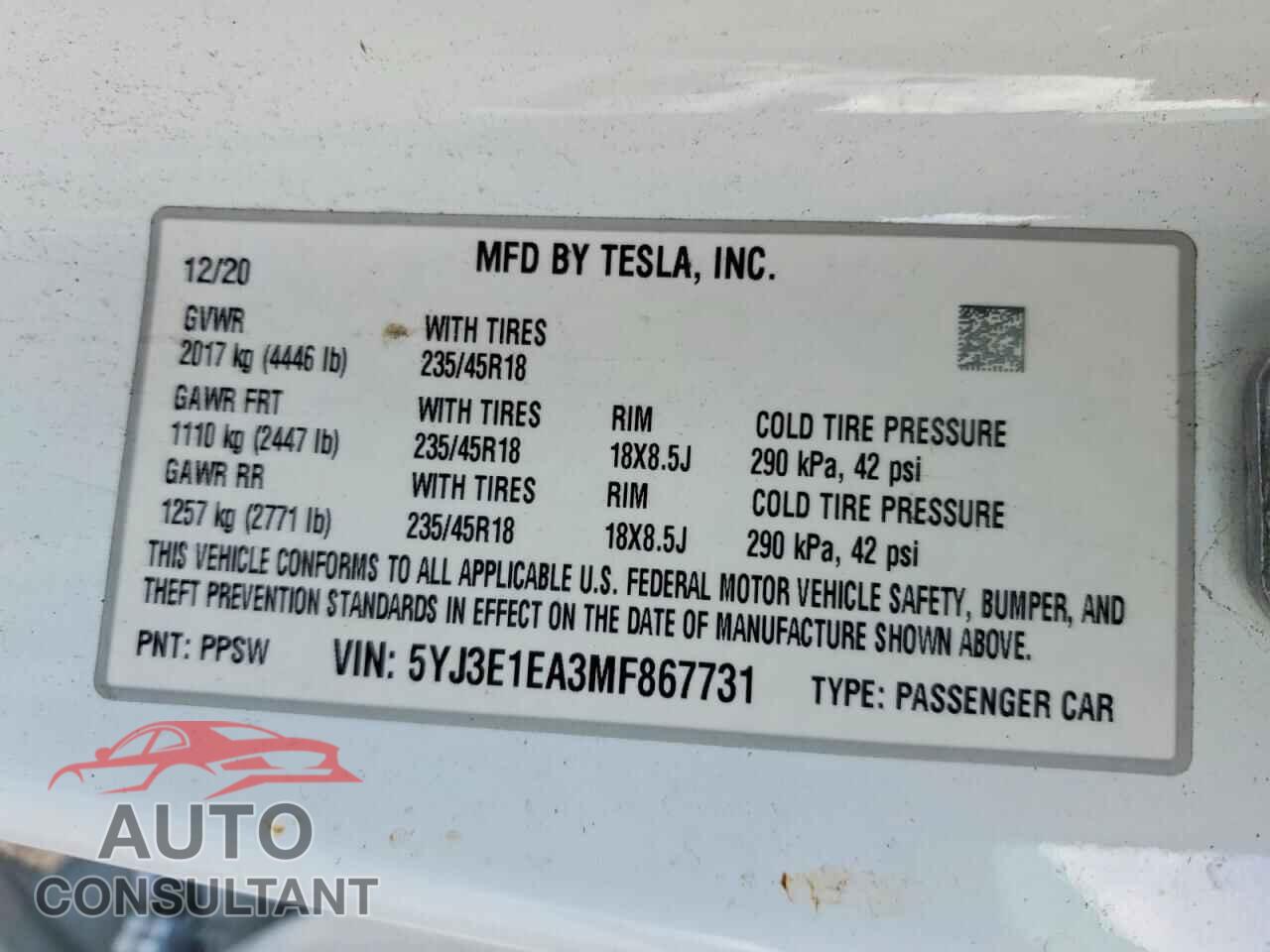 TESLA MODEL 3 2021 - 5YJ3E1EA3MF867731