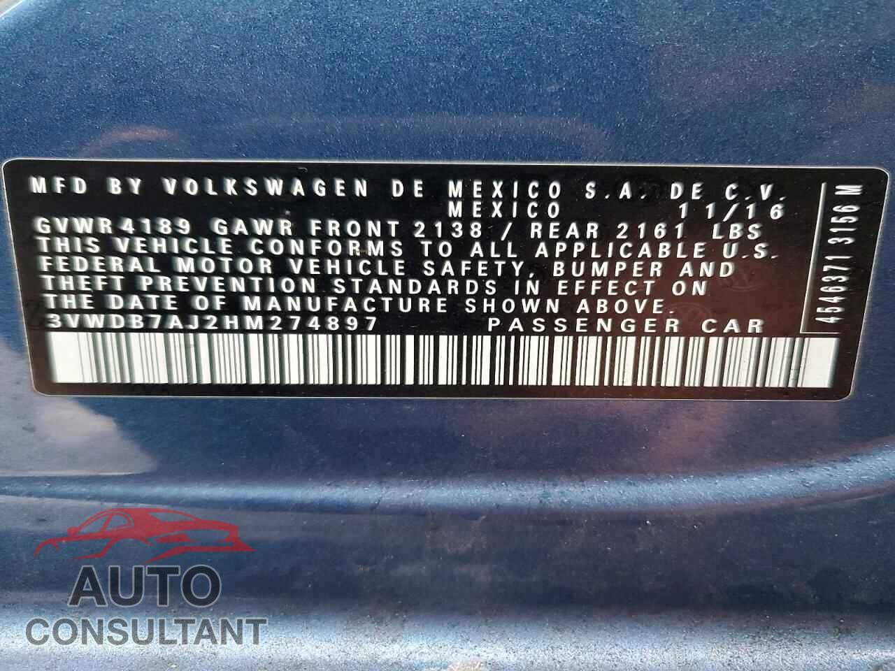 VOLKSWAGEN JETTA 2017 - 3VWDB7AJ2HM274897