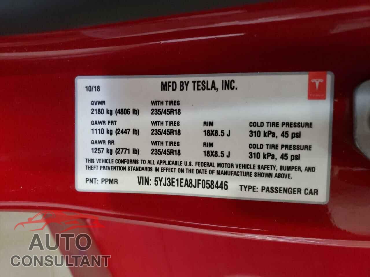 TESLA MODEL 3 2018 - 5YJ3E1EA8JF058446